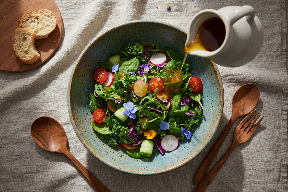 A top-down styled shot of a fresh salad in a speckled blue-green bowl, with Dill infused dressing being poured from a white ceramic pitcher. The salad includes mixed greens, radishes, cucumbers, tomatoes, and edible flowers.