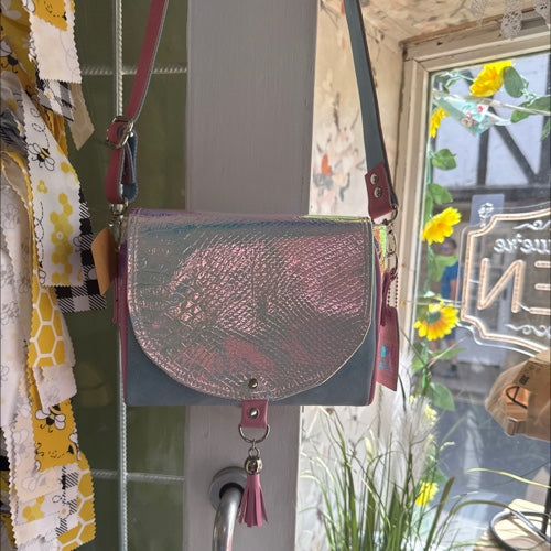 Pink and Blue Moc Crock Faux Leather Small Saddle Crossbody